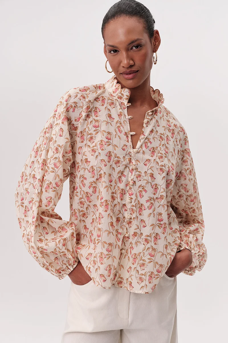 Exquise Stand Collar Embroidered Buttoned Patterned Regular Multicolored Shirt