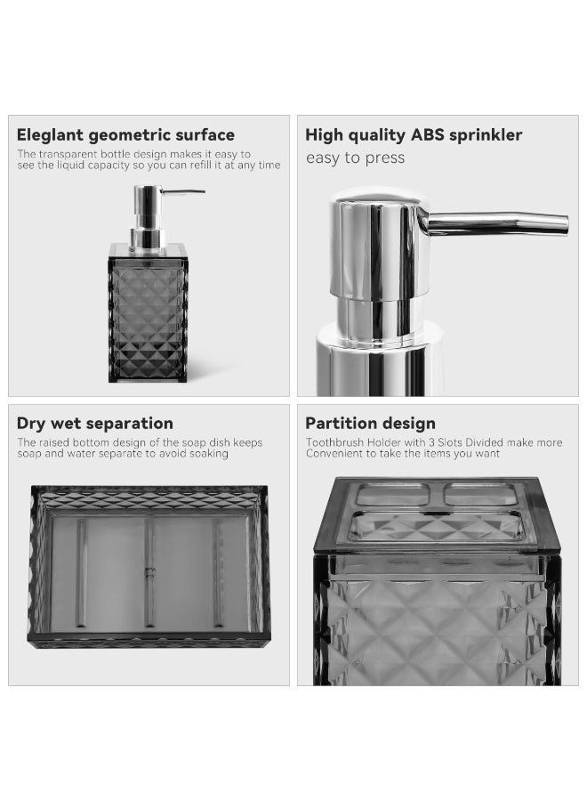 Bathroom Accessories Set, 4Pcs Square Plastic Diamond Bathroom Sets with Toothbrush Holder,Toothbrush Cup,Soap/Lotion Dispenser, Bohemian Modern Bathroom Decor (Grey) - Image 3