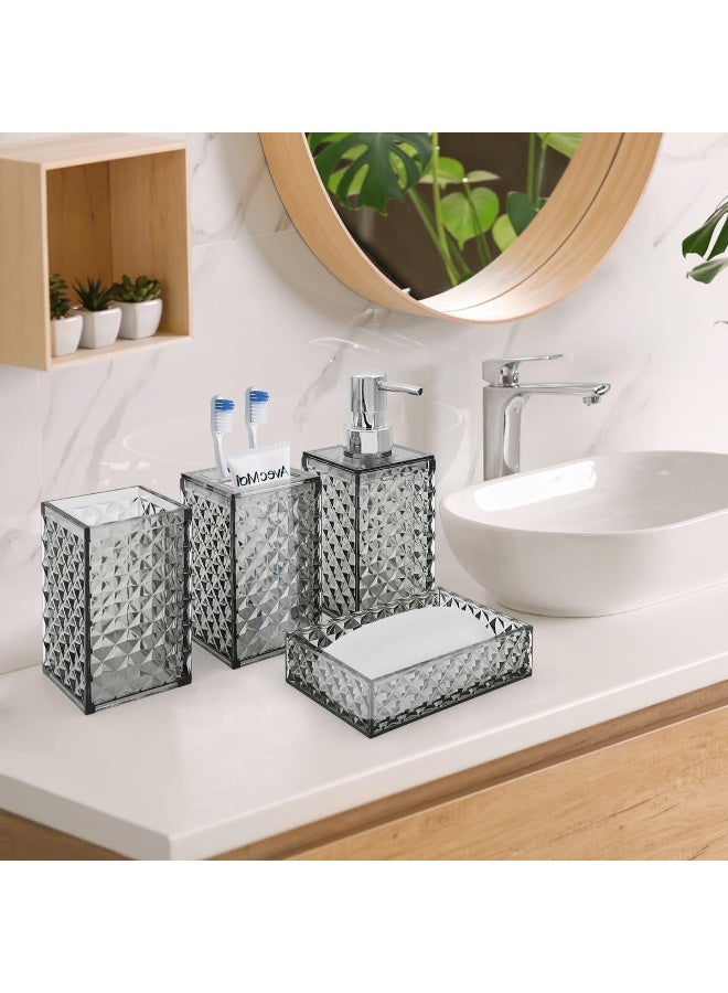 Bathroom Accessories Set, 4Pcs Square Plastic Diamond Bathroom Sets with Toothbrush Holder,Toothbrush Cup,Soap/Lotion Dispenser, Bohemian Modern Bathroom Decor (Grey) - Image 2