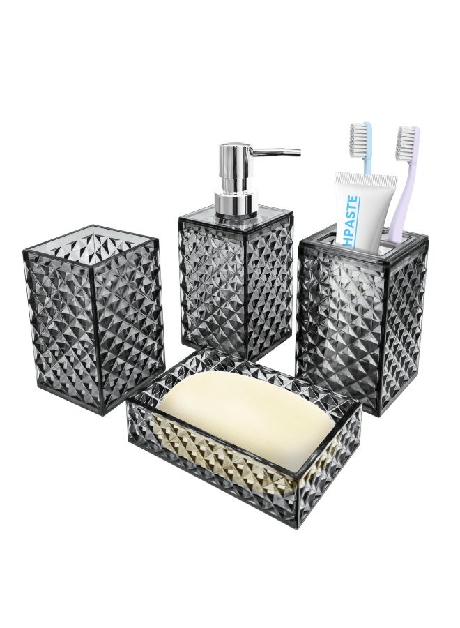 Bathroom Accessories Set, 4Pcs Square Plastic Diamond Bathroom Sets with Toothbrush Holder,Toothbrush Cup,Soap/Lotion Dispenser, Bohemian Modern Bathroom Decor (Grey) - Image 1