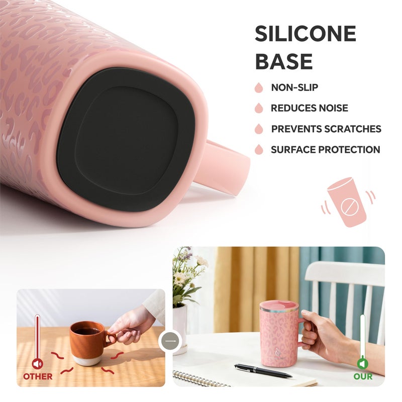 Ideus Vacuum Insulated Coffee Mug, 16oz Reusable Stainless Steel Thermal Double Walled cup with Handle and Slider Lid for Hot & Cold Beverages, BPA Free (Leapord Pink) - Image 4