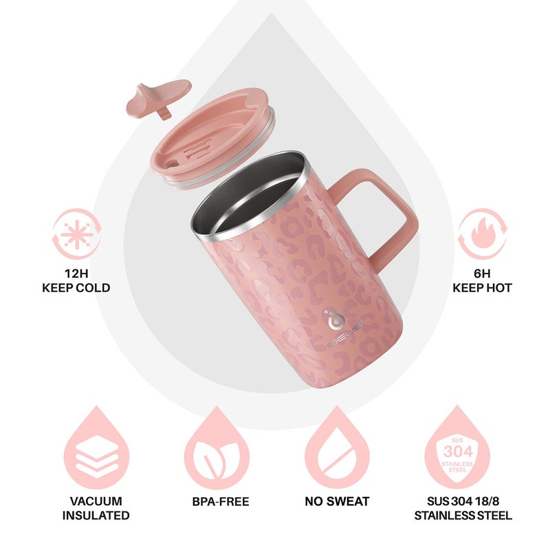 Ideus Vacuum Insulated Coffee Mug, 16oz Reusable Stainless Steel Thermal Double Walled cup with Handle and Slider Lid for Hot & Cold Beverages, BPA Free (Leapord Pink) - Image 2
