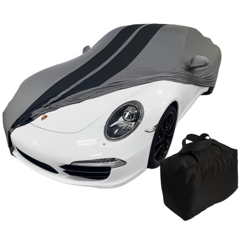 SR1 Performance Porsche 911 Indoor Car Cover - Custom Fit Ultraguard Stretch Satin Compatible for 1999-2025 Porsche 911 Coupe Carrera Targa Turbo GTS, Cayman & Boxster - High End Fit (Dark Gray/Black Stripes) - Image 1