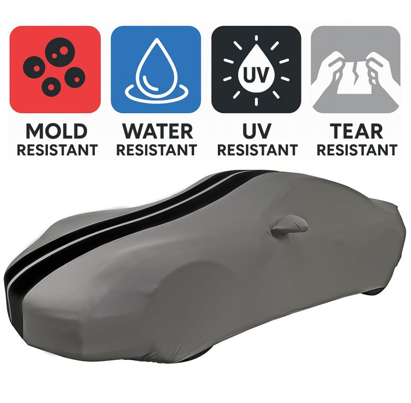 SR1 Performance Porsche 911 Indoor Car Cover - Custom Fit Ultraguard Stretch Satin Compatible for 1999-2025 Porsche 911 Coupe Carrera Targa Turbo GTS, Cayman & Boxster - High End Fit (Dark Gray/Black Stripes) - Image 2