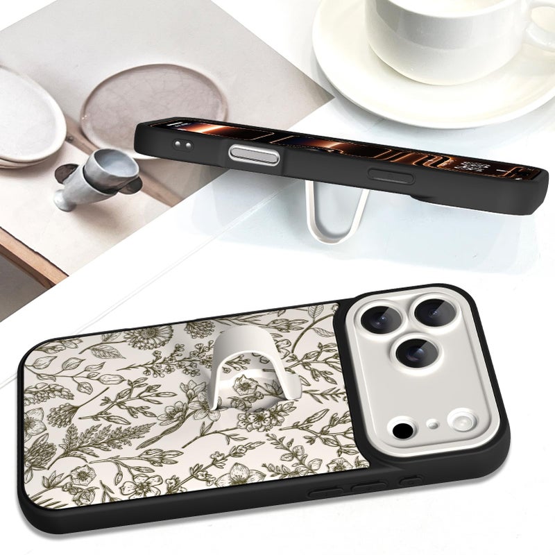 SOKAD for iPhone 17 Pro Max Case with Finger Strap Kickstand, Vintage Sage Floral Flower Phone Case with Finger Hand for Women Girls, Slim Full Camera Protection Shockproof Cover, Beige - Image 5