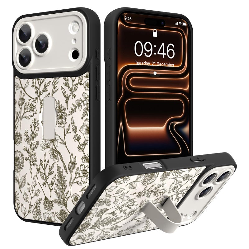 SOKAD for iPhone 17 Pro Max Case with Finger Strap Kickstand, Vintage Sage Floral Flower Phone Case with Finger Hand for Women Girls, Slim Full Camera Protection Shockproof Cover, Beige - Image 1