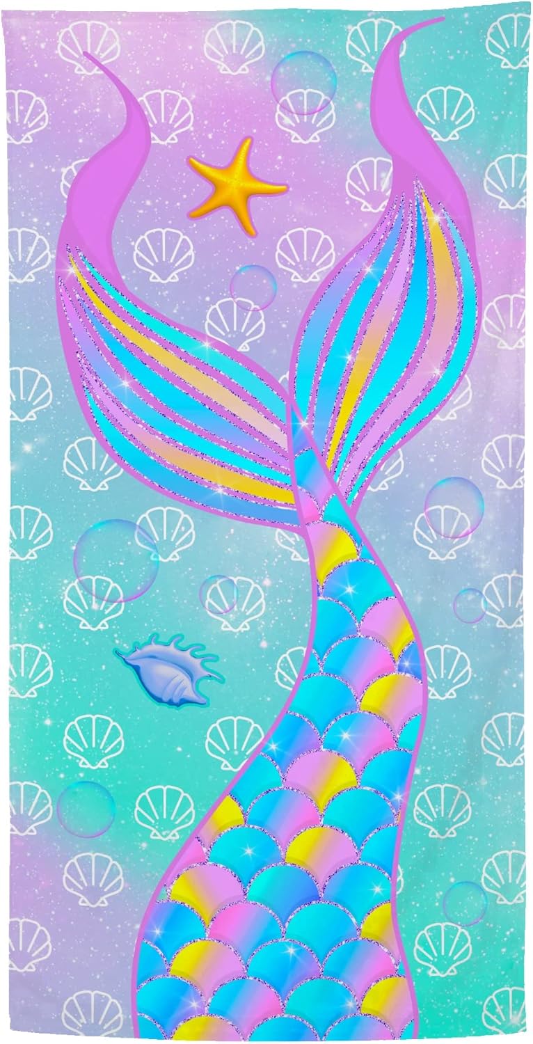 Bonsai Tree Mermaid Beach Towel, Microfiber Bath Towel for Girls and Women, Teal Tail Scale Sand Free Quick Dry Travel Towels for Kids Yoga Sports 30" X 60" - Image 1