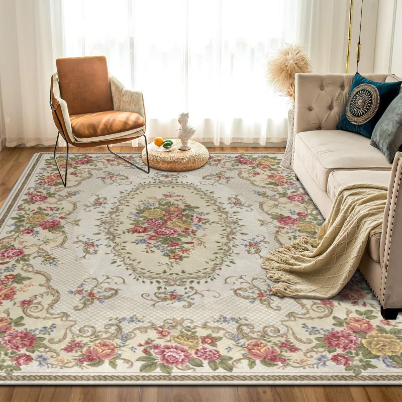 Amorettise Rustic Shabby Rose Area Rugs 5' x 7', Vintage Floral Rug Country Style Carpet Non-Slip Floor Mat for Girls Bedroom Living Room Dorm Decor - Image 1