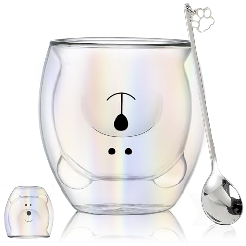 Binoster Cute Mugs Double Wall Glass Coffee Glass Cup Kawaii Bear Tea Milk Cup Funny Mug Animal Mug Aesthetic Cup for Office and Personal Birthday Gift (Iridescent Bear) - Image 1