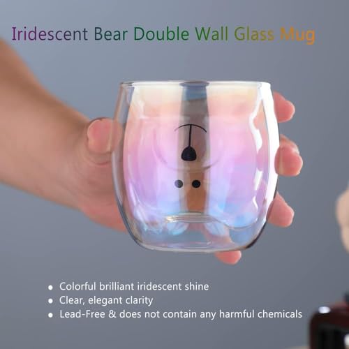 Binoster Cute Mugs Double Wall Glass Coffee Glass Cup Kawaii Bear Tea Milk Cup Funny Mug Animal Mug Aesthetic Cup for Office and Personal Birthday Gift (Iridescent Bear) - Image 2