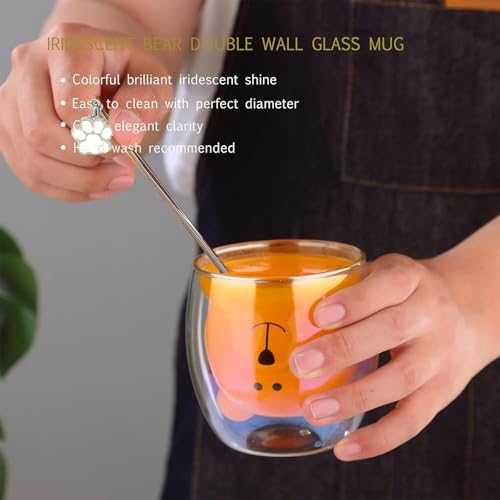 Binoster Cute Mugs Double Wall Glass Coffee Glass Cup Kawaii Bear Tea Milk Cup Funny Mug Animal Mug Aesthetic Cup for Office and Personal Birthday Gift (Iridescent Bear) - Image 5