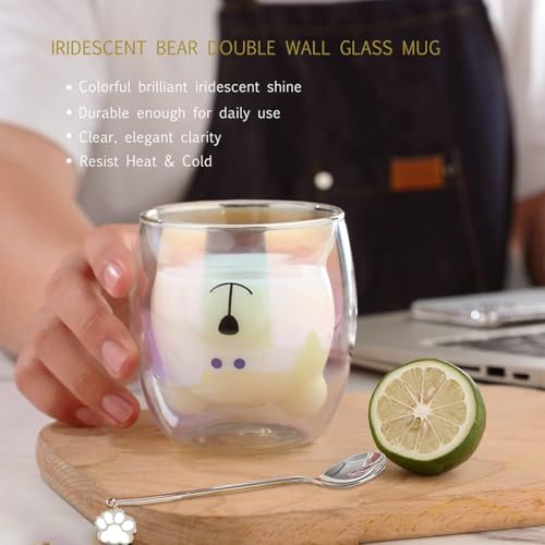 Binoster Cute Mugs Double Wall Glass Coffee Glass Cup Kawaii Bear Tea Milk Cup Funny Mug Animal Mug Aesthetic Cup for Office and Personal Birthday Gift (Iridescent Bear) - Image 4