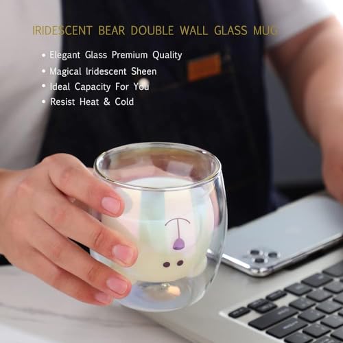 Binoster Cute Mugs Double Wall Glass Coffee Glass Cup Kawaii Bear Tea Milk Cup Funny Mug Animal Mug Aesthetic Cup for Office and Personal Birthday Gift (Iridescent Bear) - Image 3