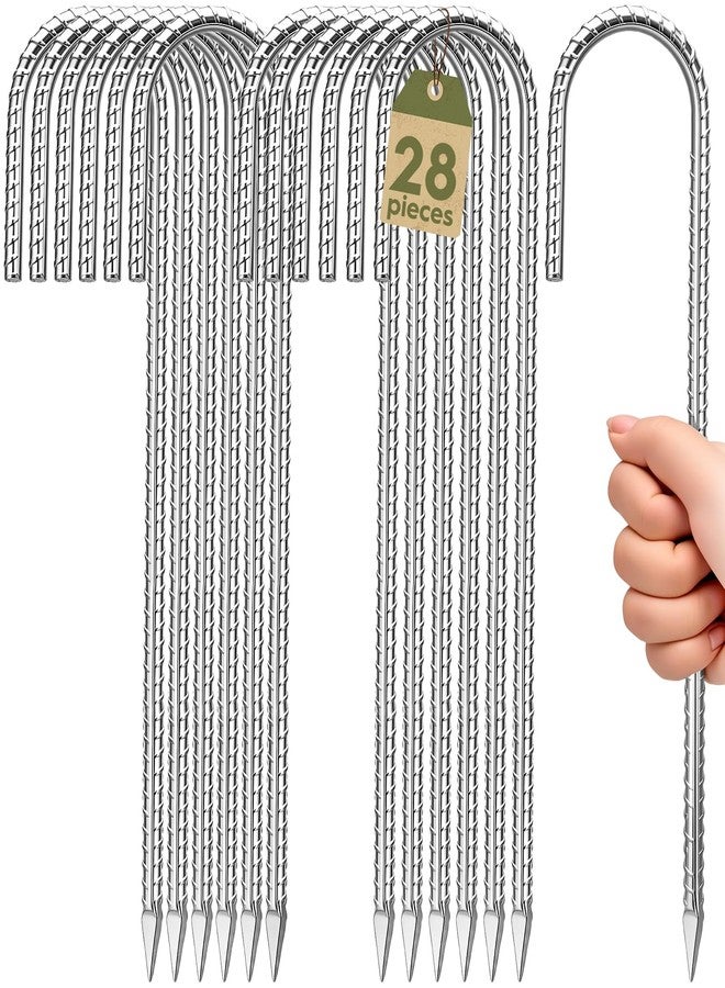 Homwin 12 inches Ground Stakes Heavy Duty 28 Pieces Metal Fence Rebar Stake 5/16" Diameter J Hook Ground Spikes, Tent Stakes, Swing Set and Gazebo Anchors - Image 1