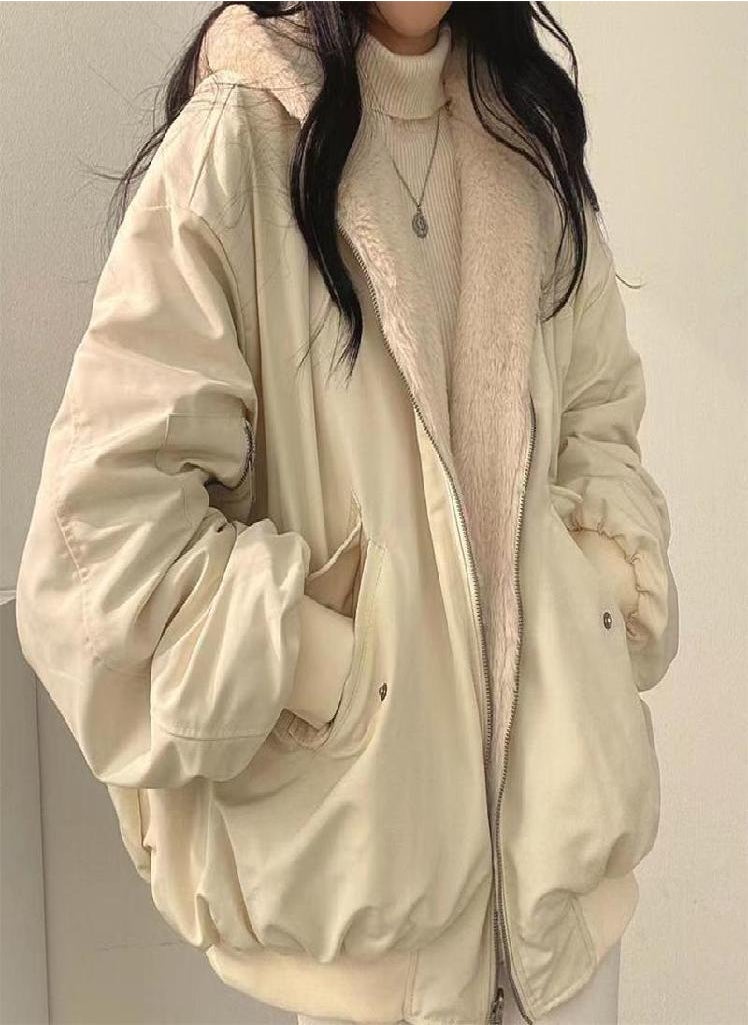 Eckek - Thickened Two-sided Wear Lamb Wool Cotton Jacket Women's Coat New Loose Hooded Tops - Image 1