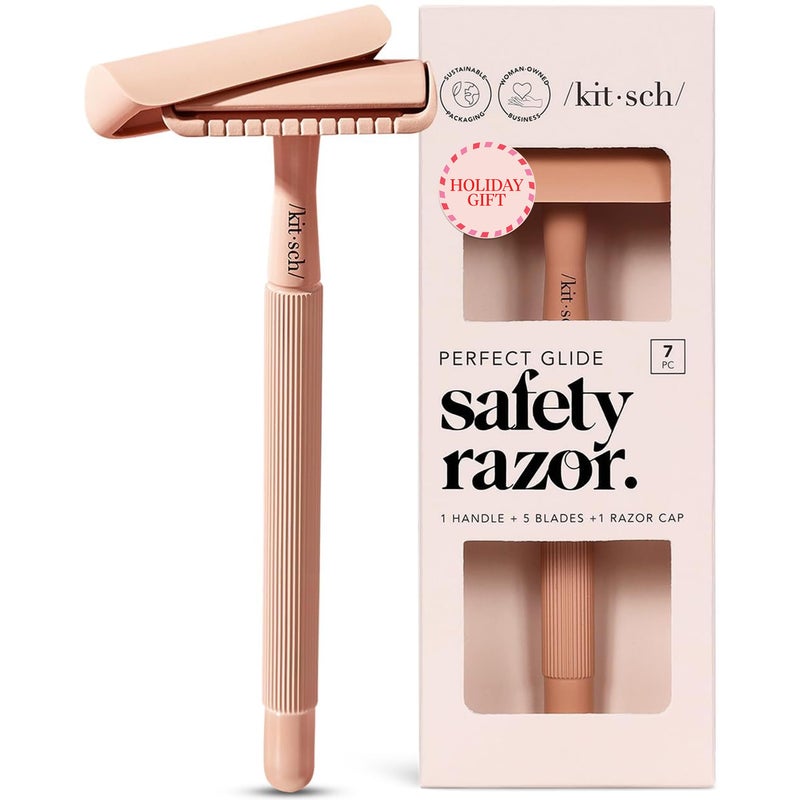 Kitsch Double Edge Safety Razors for Women and Men, Long Metal Handle and Stainless Steel Single Blade Razor with 5 Double Edge Refills, for Shaving and Travel Essentials - Terracotta - Image 1