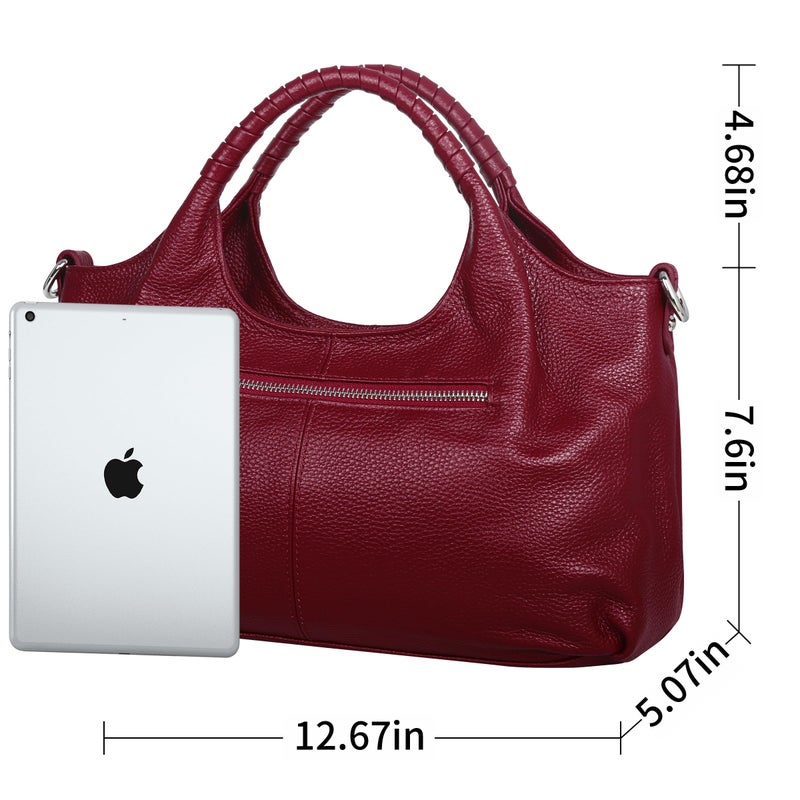 Iswee Women's Genuine Leather Handbag, Medium Satchel Shoulder Bag, Crossbody Hobo Purse with Pockets (Wine) - Image 3