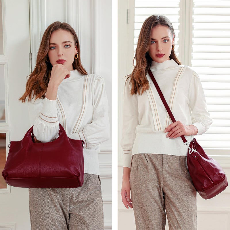 Iswee Women's Genuine Leather Handbag, Medium Satchel Shoulder Bag, Crossbody Hobo Purse with Pockets (Wine) - Image 2