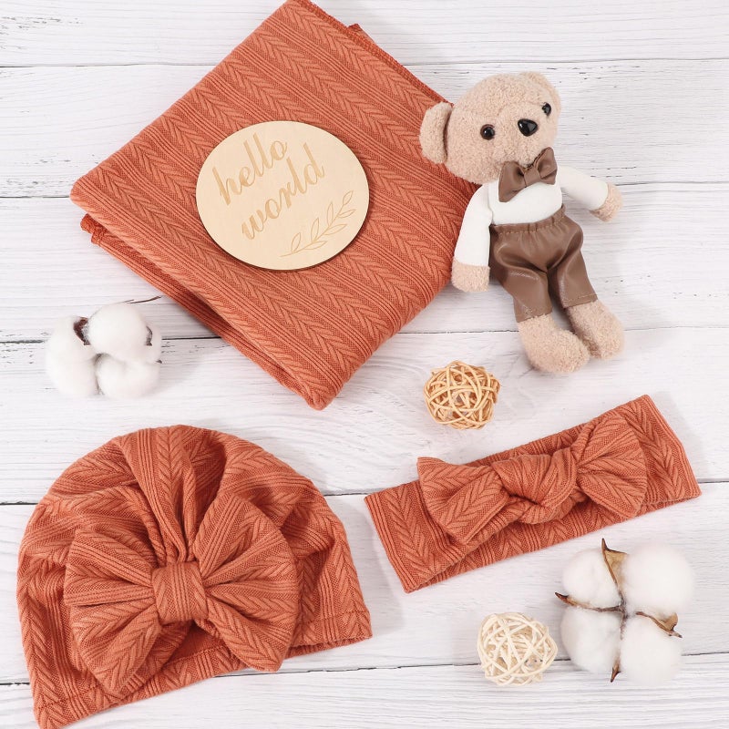 AQOKKA Newborn Receiving Blanket with Bow Hat Headband Wooden Card Set Wheat-Pattern Newborns Toddler Baby Boy Girl Nursery Swaddle Wrap - Image 2
