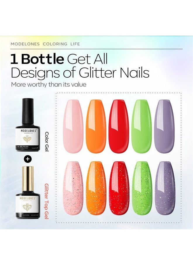 modelones - Glitter Gel Top Coat, Iridescent Silver Mix Glitter Gel Polish No Wipe Top Coat Glossy Sparkly Finish Long Lasting Soak Off Rainbow Shimmer Glitter Gel Nail Polish Nail Art Manicure, 10ml - Image 1
