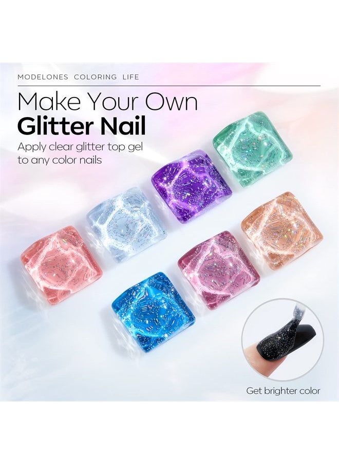 modelones - Glitter Gel Top Coat, Iridescent Silver Mix Glitter Gel Polish No Wipe Top Coat Glossy Sparkly Finish Long Lasting Soak Off Rainbow Shimmer Glitter Gel Nail Polish Nail Art Manicure, 10ml - Image 1