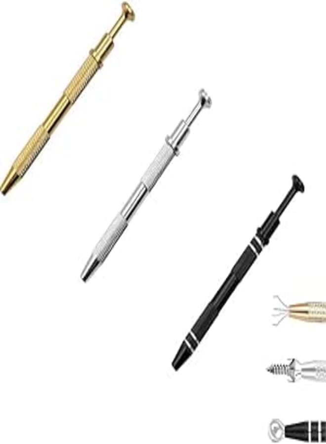 Fashion Mania 3-Piece Piercing Ball Grabber Tool - Stainless Steel Jeweler's Pick Up Tool with 4-Prong Holder and Diamond Claw Tweezers for IC Chips, Gems, Tiny Objects, Pearl Grabber