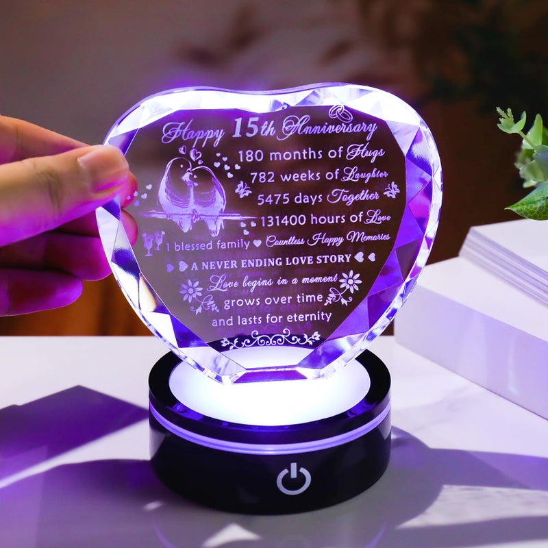 YWHL 15th Wedding Anniversary Crystal Heart Gifts for Couples with LED Base  Laser Engraved Happy 15th Anniversary Keepsake Gift for Wife Husband  Romantic 15 Years of Marriage Gifts for Her Him - Image 5
