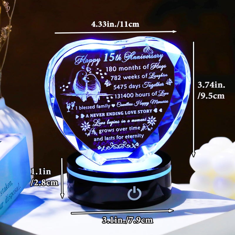 YWHL 15th Wedding Anniversary Crystal Heart Gifts for Couples with LED Base  Laser Engraved Happy 15th Anniversary Keepsake Gift for Wife Husband  Romantic 15 Years of Marriage Gifts for Her Him - Image 3
