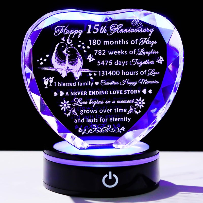 YWHL 15th Wedding Anniversary Crystal Heart Gifts for Couples with LED Base  Laser Engraved Happy 15th Anniversary Keepsake Gift for Wife Husband  Romantic 15 Years of Marriage Gifts for Her Him - Image 1