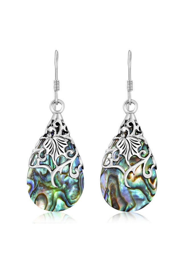 AeraVida Floral Vine Ornate Teardrop Abalone Shell .925 Sterling Silver Earrings | Abalone Earrings  - Image 1