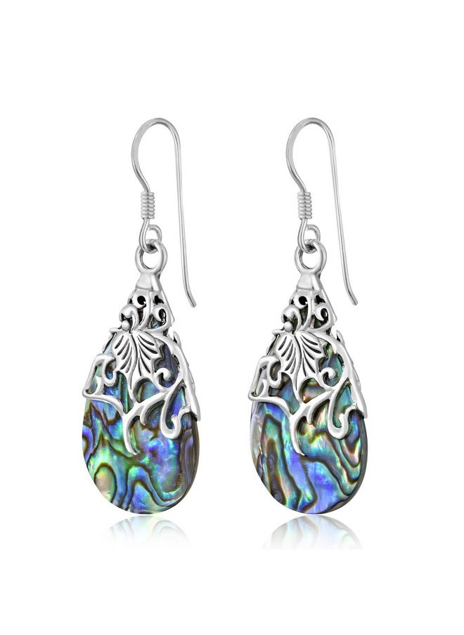 AeraVida Floral Vine Ornate Teardrop Abalone Shell .925 Sterling Silver Earrings | Abalone Earrings  - Image 2