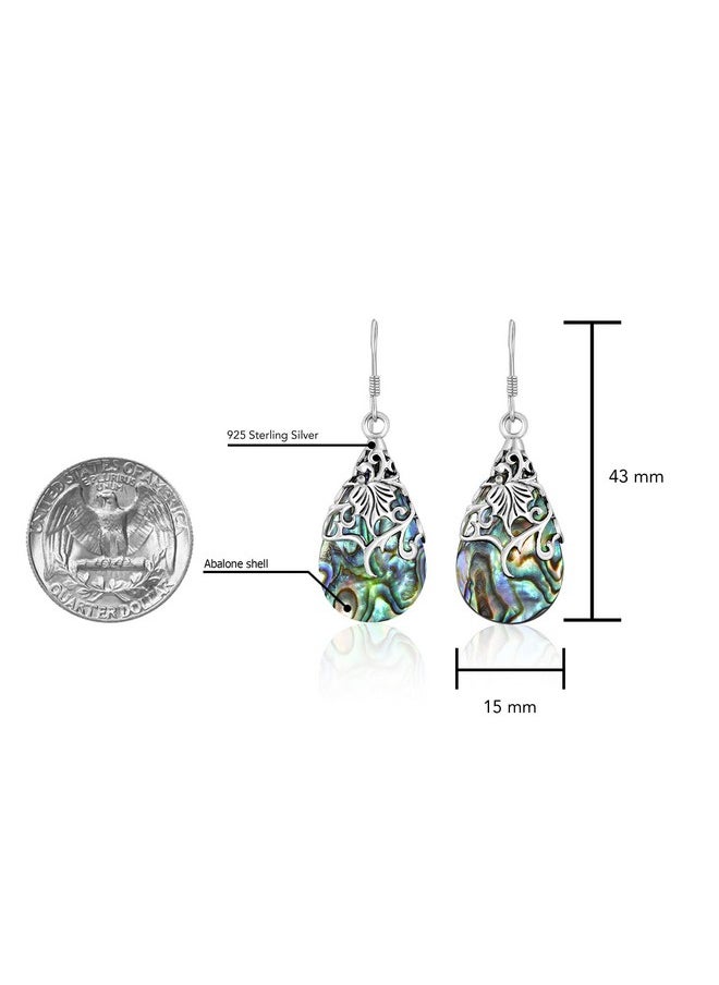 AeraVida Floral Vine Ornate Teardrop Abalone Shell .925 Sterling Silver Earrings | Abalone Earrings  - Image 3