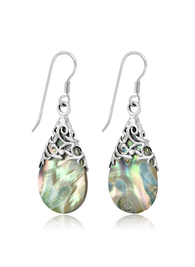 AeraVida Floral Vine Ornate Teardrop Abalone Shell .925 Sterling Silver Earrings | Abalone Earrings  - Image 4