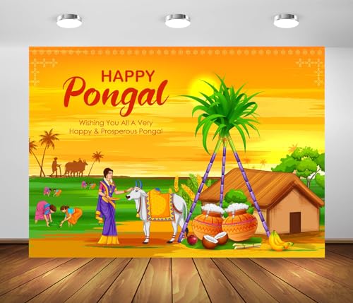 BELECO 8x6ft Fabric Happy Pongal Backdrop Indian Holiday Harvest Photography Background India Holiday Celebration Party Decoration Banner Studio Photo Booth Shoot Props - Image 1