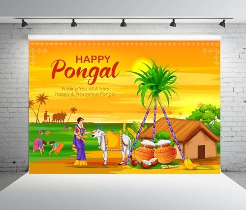 BELECO 8x6ft Fabric Happy Pongal Backdrop Indian Holiday Harvest Photography Background India Holiday Celebration Party Decoration Banner Studio Photo Booth Shoot Props - Image 3