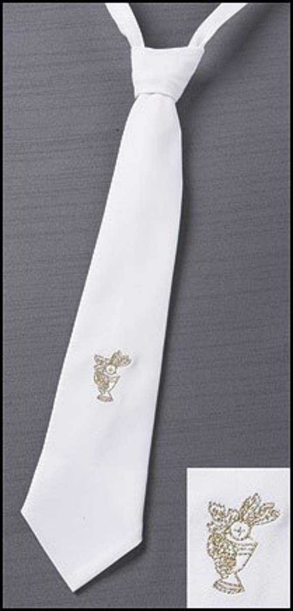 Autom Boys First Holy Communion Gold Embroidered Chalice Design 14" White Cotton Adjustable Dress Neck Tie - Image 2