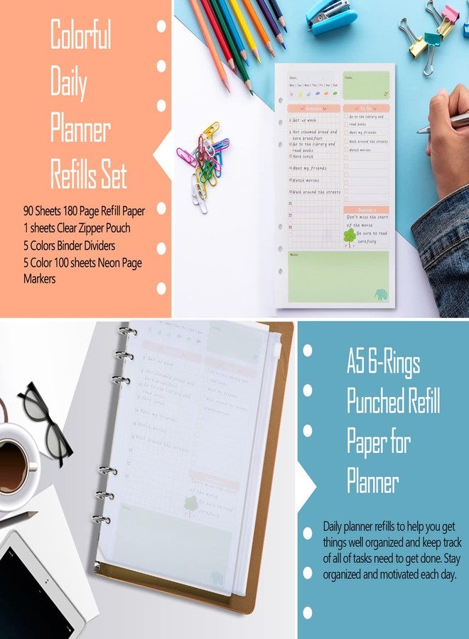 Rancco A5 Planner Inserts Daily Refills, 90 Pages Colorful 6-Ring Loose-leaf Binder Planner Inserts w/Divider, PVC Pouch, Ruler, Index Tab for Journal, Filofax, Double-sided, Undated,8.3x5.6" - Image 3
