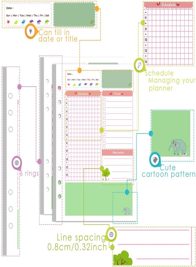 Rancco A5 Planner Inserts Daily Refills, 90 Pages Colorful 6-Ring Loose-leaf Binder Planner Inserts w/Divider, PVC Pouch, Ruler, Index Tab for Journal, Filofax, Double-sided, Undated,8.3x5.6" - Image 2