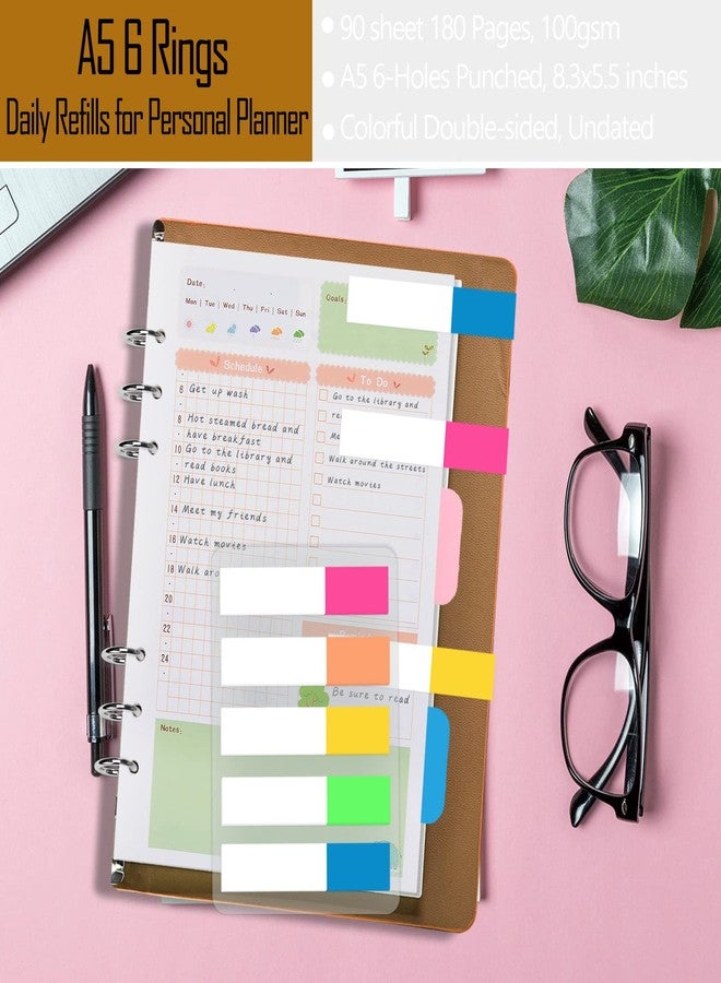 Rancco A5 Planner Inserts Daily Refills, 90 Pages Colorful 6-Ring Loose-leaf Binder Planner Inserts w/Divider, PVC Pouch, Ruler, Index Tab for Journal, Filofax, Double-sided, Undated,8.3x5.6" - Image 4