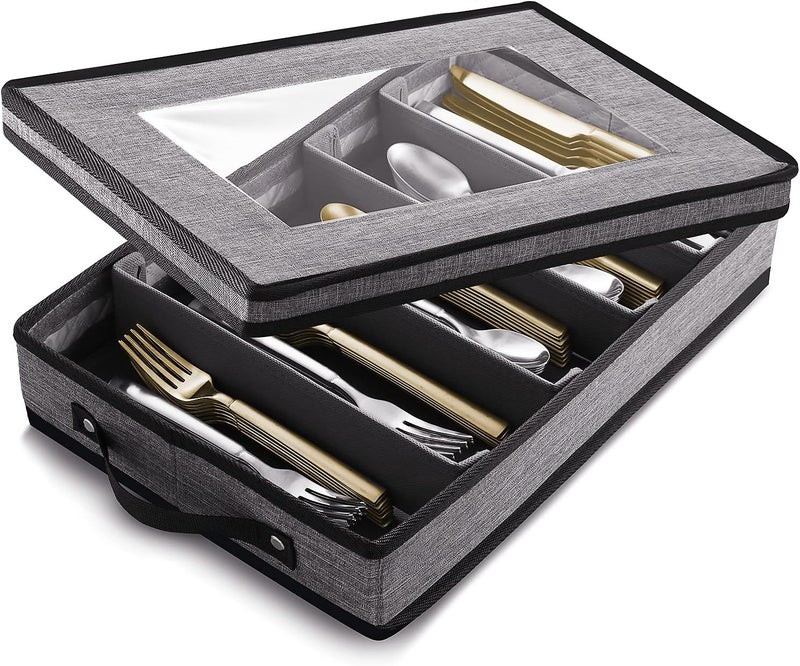 STORAGEBUD Flatware & Utensil Storage, Durable Silverware Storage Box with Padded Dividers, 5 Compartment Flatware Storage Case, Silverware Case with Handles and Removable Lid - Protects and Organizes Cutlery - Image 1