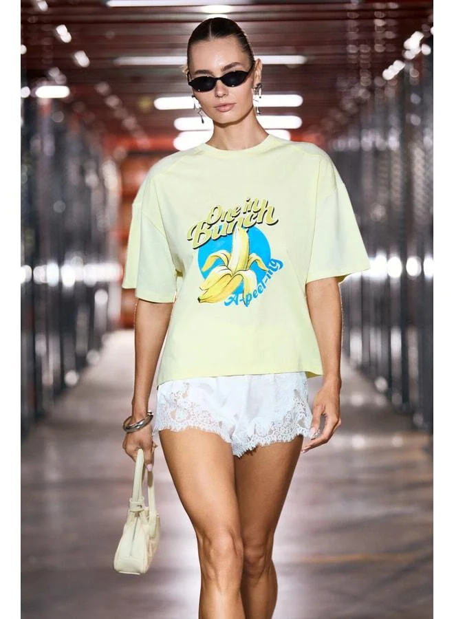 GRIMELANGE BANNE Women's Soft Fabric 100% Organic Cotton Printed Detailed Yellow T-Shirt.