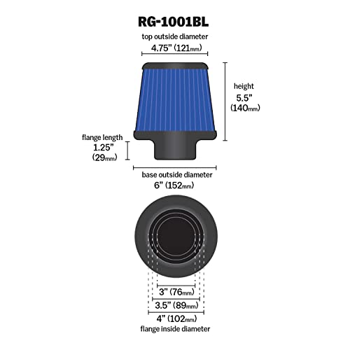 K+N K&N High-Flow Original Lifetime Universal Clamp-On Air Filter: Performance, Premium, Washable: Flange Diameter: 4 In, Filter Height: 5.5 In, Flange Length: 1.125 In, Shape: Round Tapered, RG-1001BL - Image 2