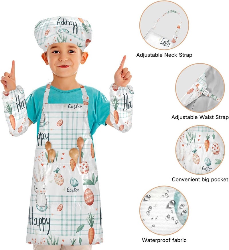 Kids Apron Chef Hat Set Adorable Easter Day Rabbit Carrots Eucalyptus Watercolor Eggs Baking Apron with Adjustable Neck Strap for Kids Arts Crafts 3-12 Years Old - Image 4