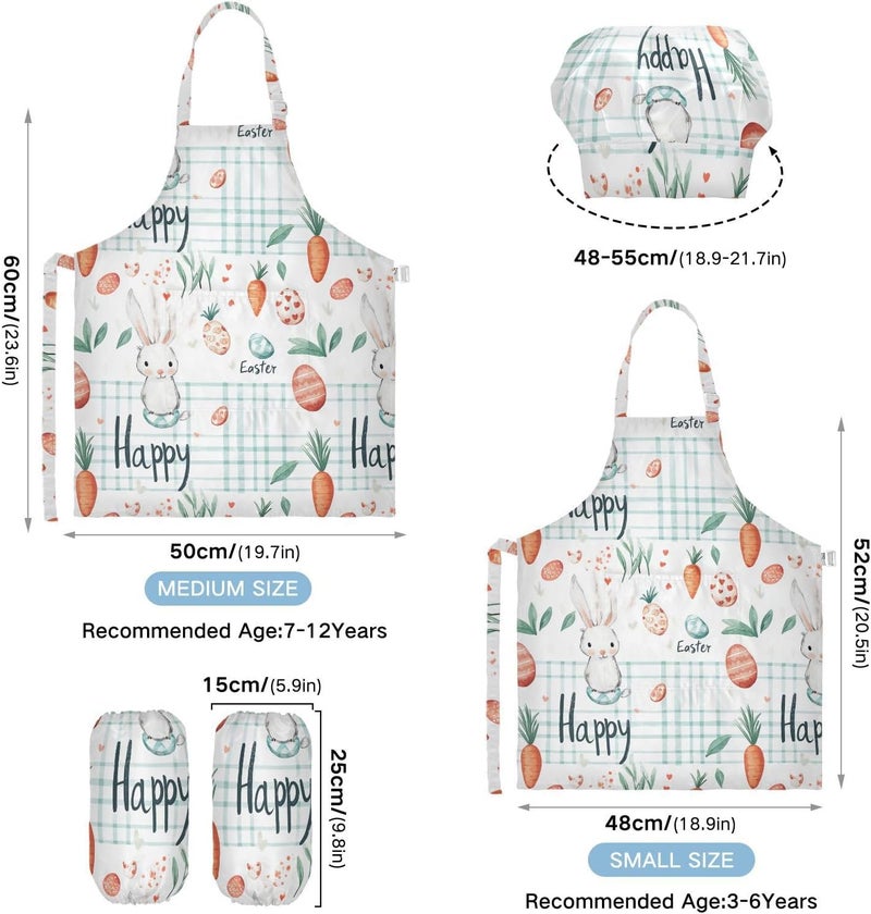 Kids Apron Chef Hat Set Adorable Easter Day Rabbit Carrots Eucalyptus Watercolor Eggs Baking Apron with Adjustable Neck Strap for Kids Arts Crafts 3-12 Years Old - Image 3