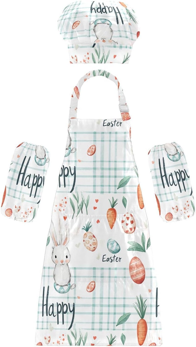 Kids Apron Chef Hat Set Adorable Easter Day Rabbit Carrots Eucalyptus Watercolor Eggs Baking Apron with Adjustable Neck Strap for Kids Arts Crafts 3-12 Years Old - Image 1