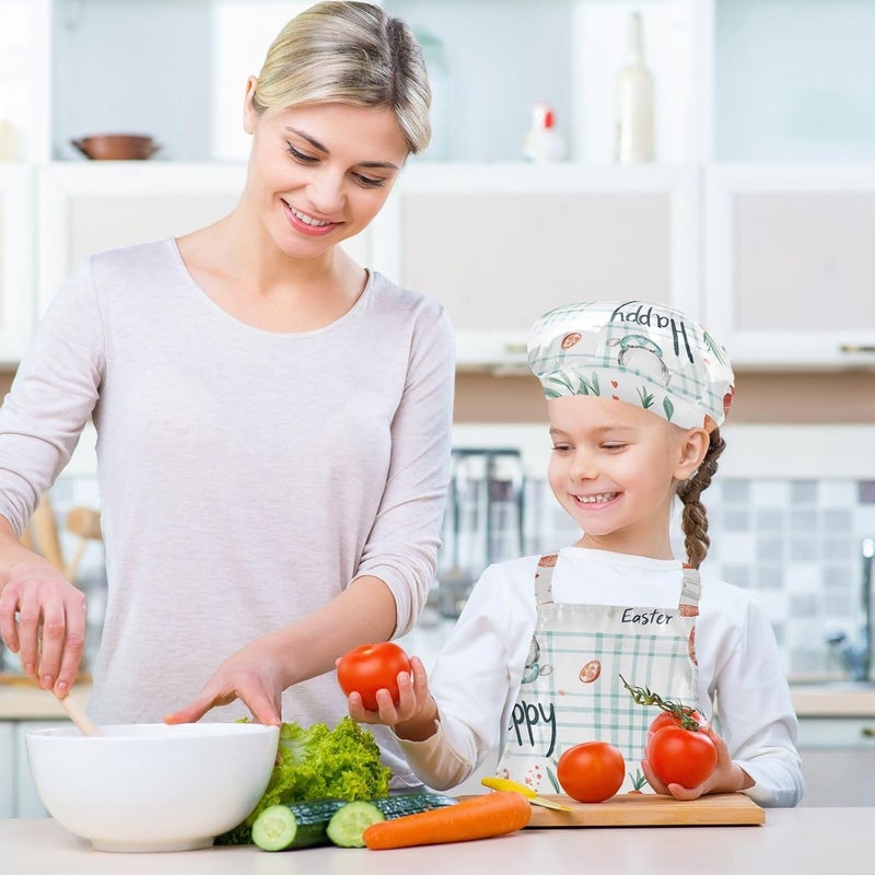 Kids Apron Chef Hat Set Adorable Easter Day Rabbit Carrots Eucalyptus Watercolor Eggs Baking Apron with Adjustable Neck Strap for Kids Arts Crafts 3-12 Years Old - Image 5