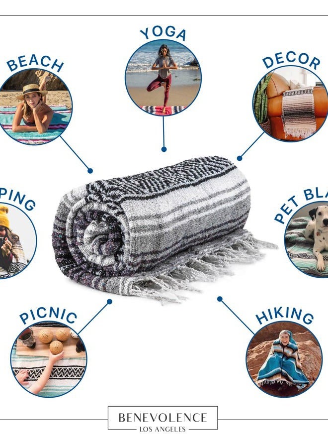 Benevolence LA Authentic Handwoven Mexican Blanket, Yoga Blanket - Perfect Outdoor Picnic Blanket, Camping Blanket, Equestrian Saddle Blanket, Serape Blanket 50x70 inches - Gray, Pack of 1 - Image 3