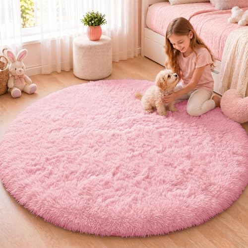 OLANLY Pink Round Rugs for Bedroom Machine Washable 4 ft Circle Area Rugs for Living Room Soft and Fluffy Shaggy Carpet for Teen Girls and Boys Nursery Rooms Dorms Home Decor Aesthetic - Image 1