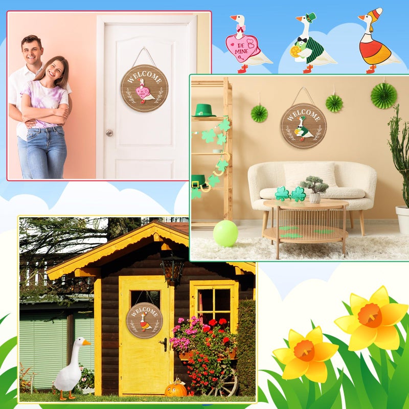 Memorywuu 16 Pcs Valentine's Day Interchangeable Welcome Sign 12 Inch Holiday Seasonal Wooden Sign Goose Welcome Tag with Wooden Holiday Magnet Goose Pieces for Front Door Porch Wall Decor(Burlywood) - Image 4