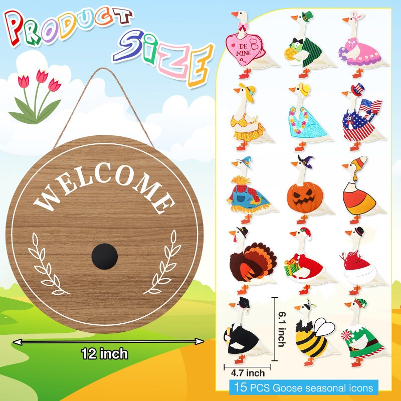 Memorywuu 16 Pcs Valentine's Day Interchangeable Welcome Sign 12 Inch Holiday Seasonal Wooden Sign Goose Welcome Tag with Wooden Holiday Magnet Goose Pieces for Front Door Porch Wall Decor(Burlywood) - Image 2